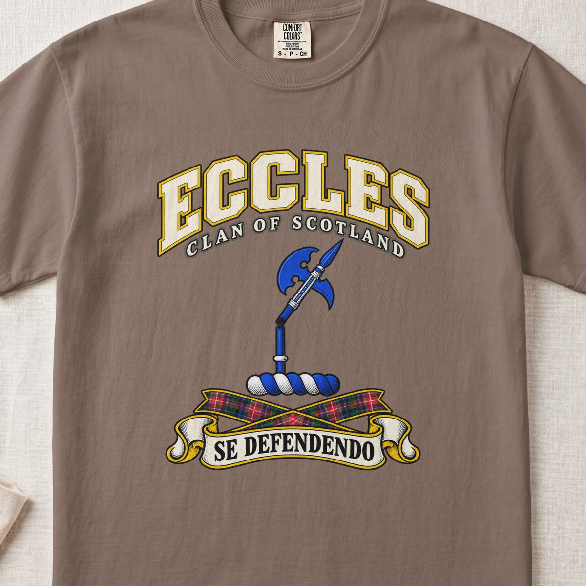Eccles Scottish clan T-shirt in Espresso, front view with a blue halberd and motto design.