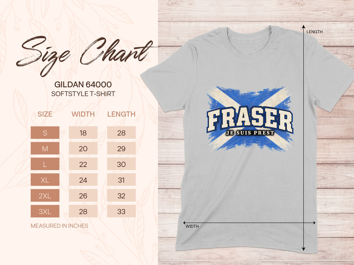 Gildan Softstyle 64000 size chart for the Fraser Saltire T-shirt, showing shirt width and length in inches.