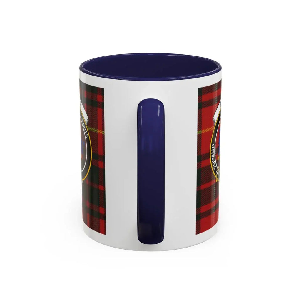 Bruce Fuimus tartan mug — Scottish clan crest on glossy white 15oz ceramic, navy accent