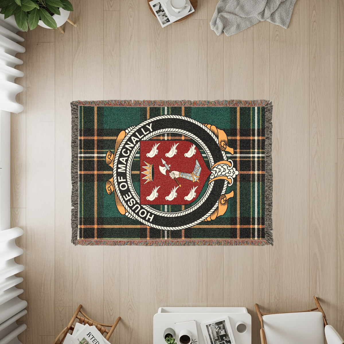 MacNally Irish heritage woven throw with family crest emblem