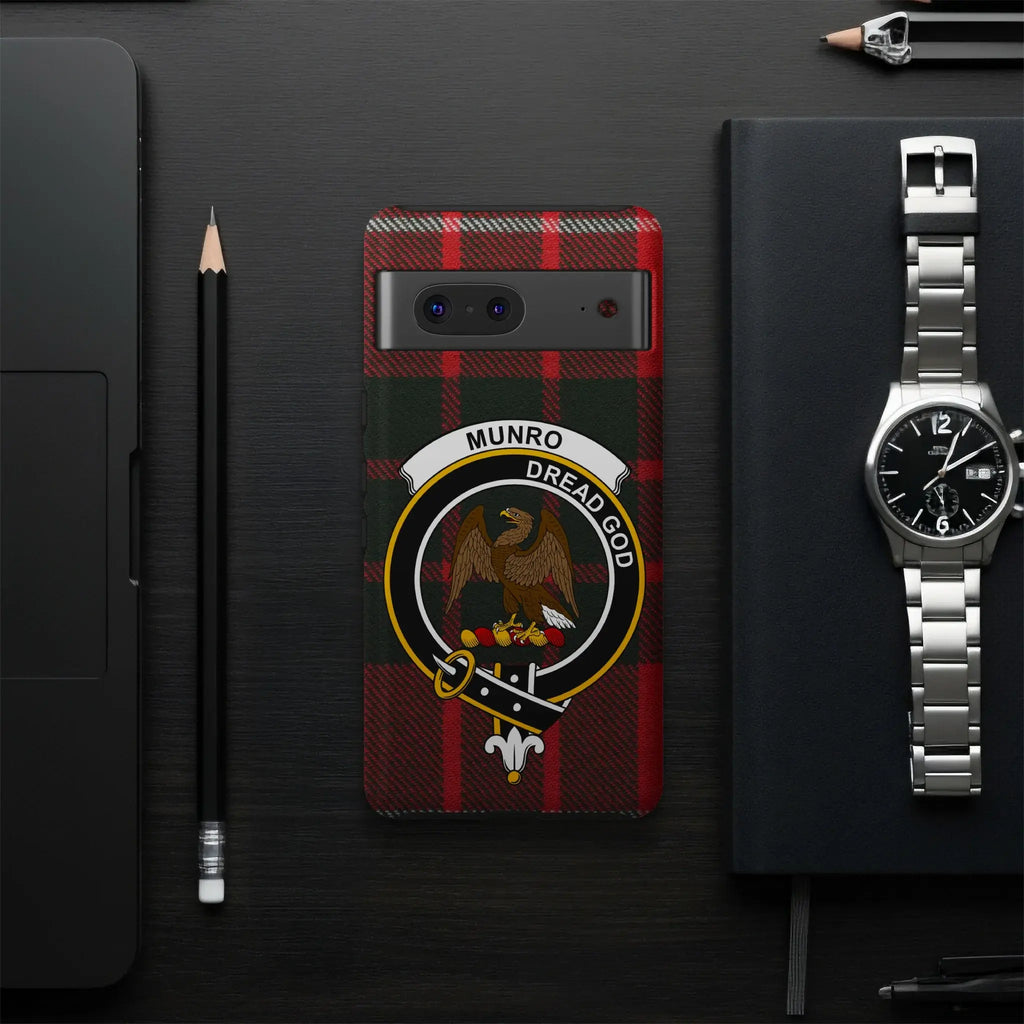 Munro clan eagle crest tartan phone case rear view — Dread God motto on glossy wrap print