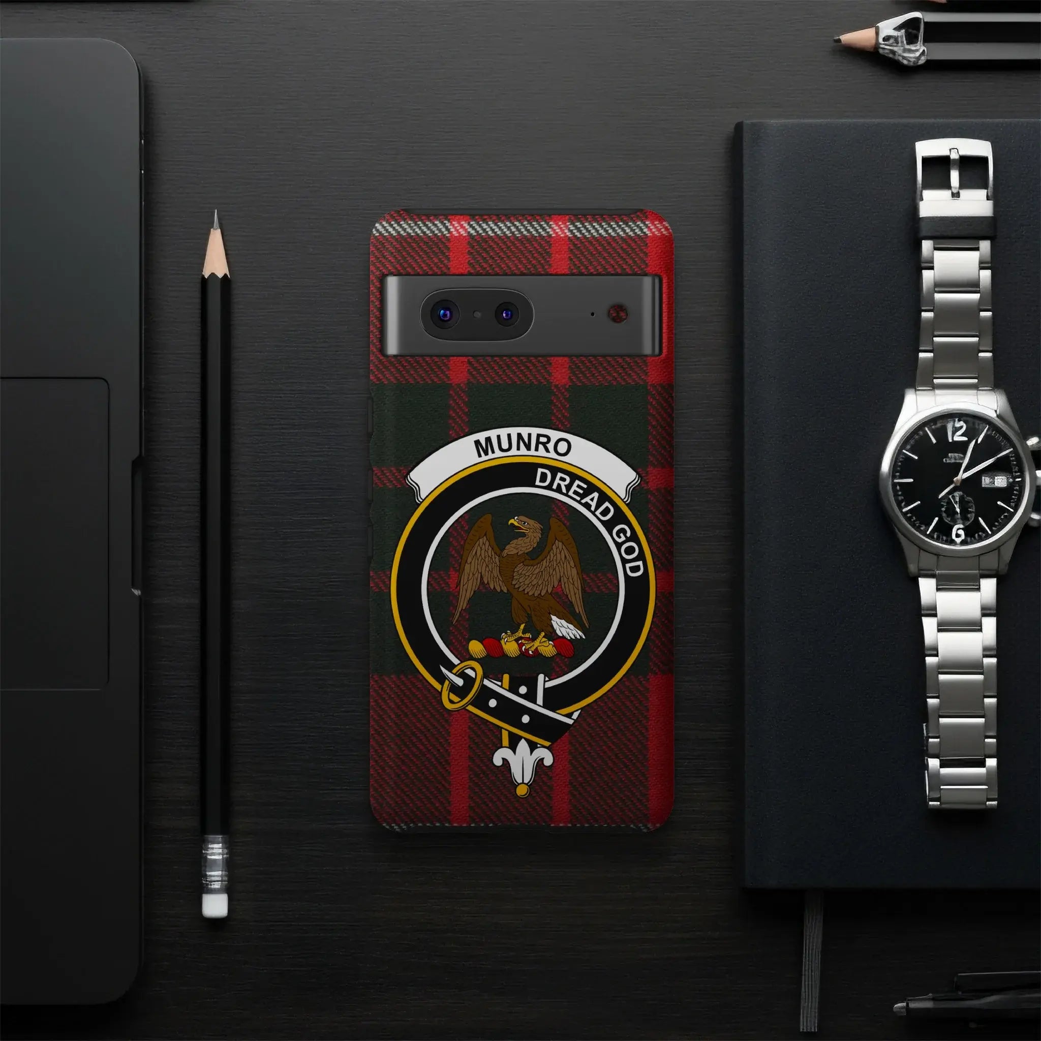 Munro clan eagle crest tartan phone case rear view — Dread God motto on glossy wrap print