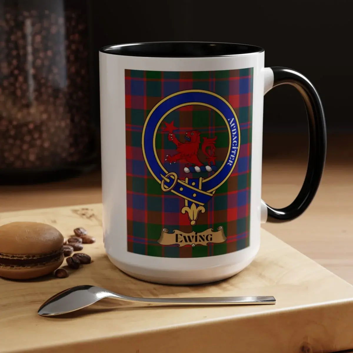 Close-up of the Ewing clan crest printed on a ceramic mug