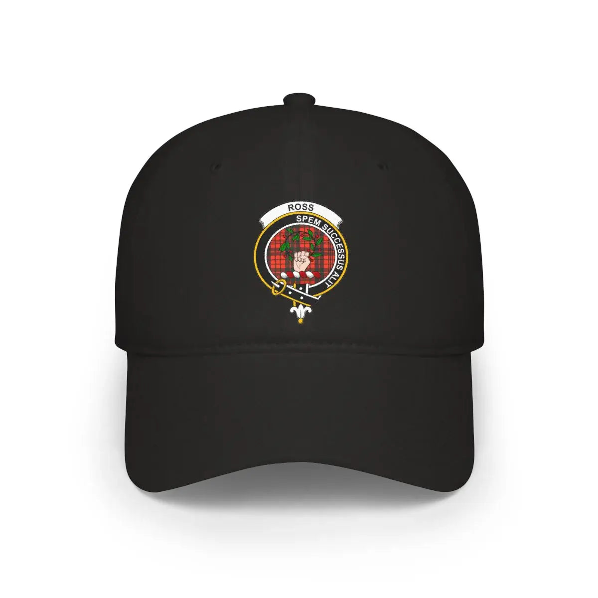 Clan Ross crest tartan cap in black — low-profile cotton Scottish clan hat