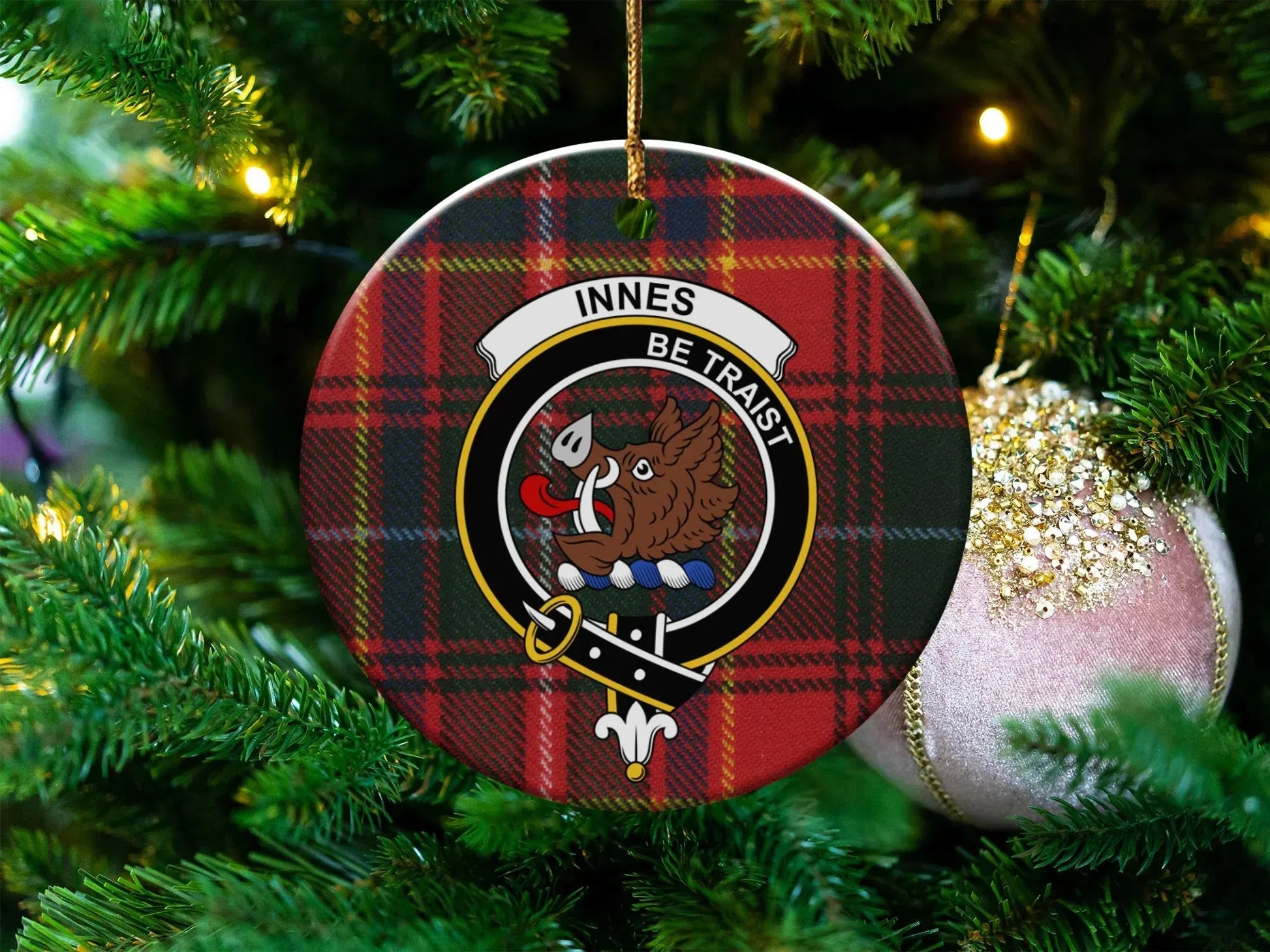 Clan Innes Tartan Crest Christmas Ornament product type