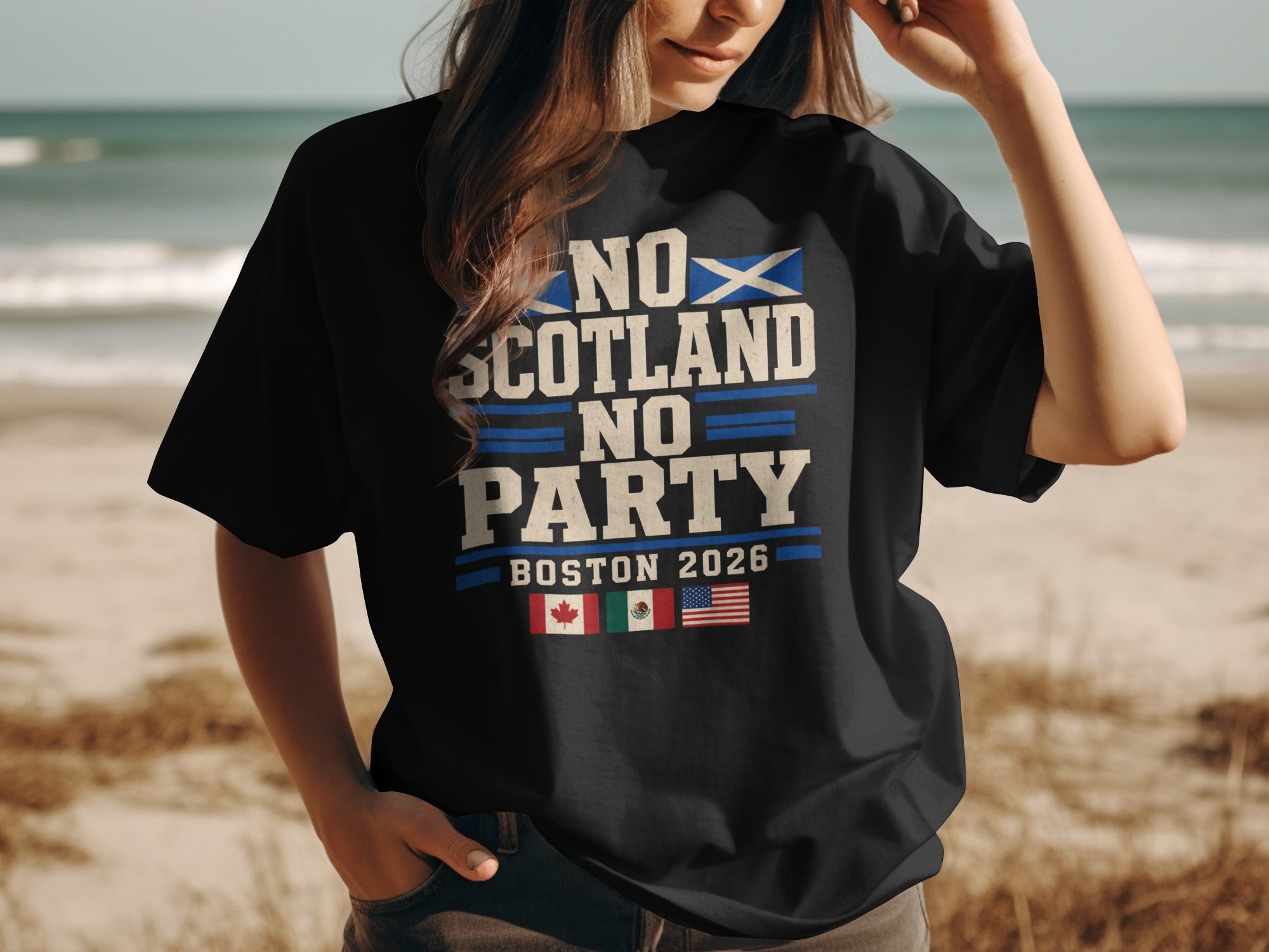 Black t-shirt with "Scotland No Party" and "Boston 2026" text, flags.