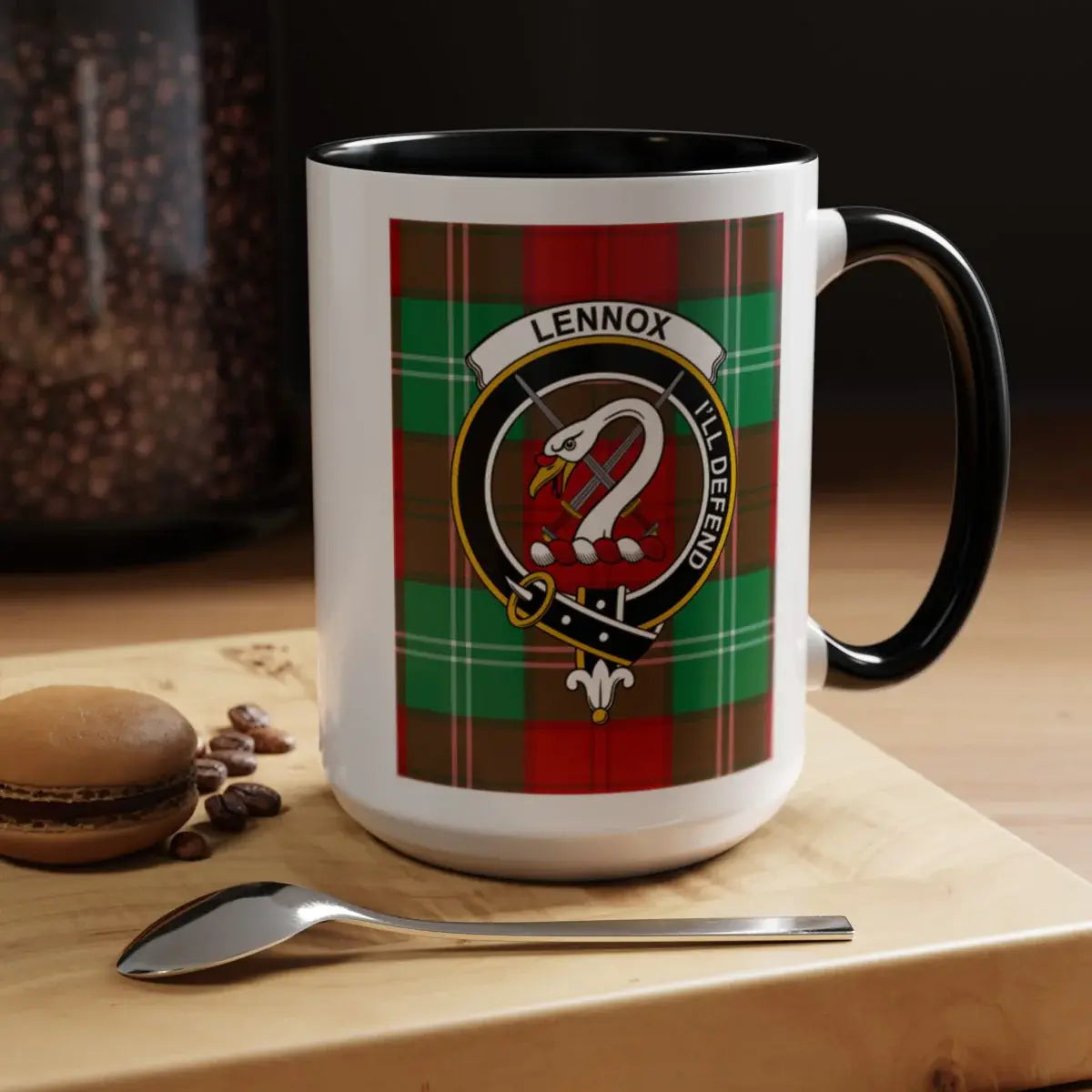 Clan Lennox crest mug — 15 oz with black handle, tartan and swan amidst swords print