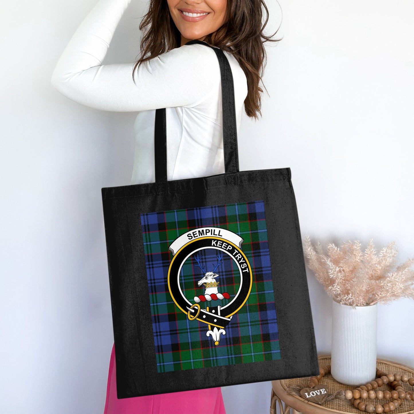 Scottish Clan Sempill Crest on Tartan Background Tote Bag - Living Stone Gifts