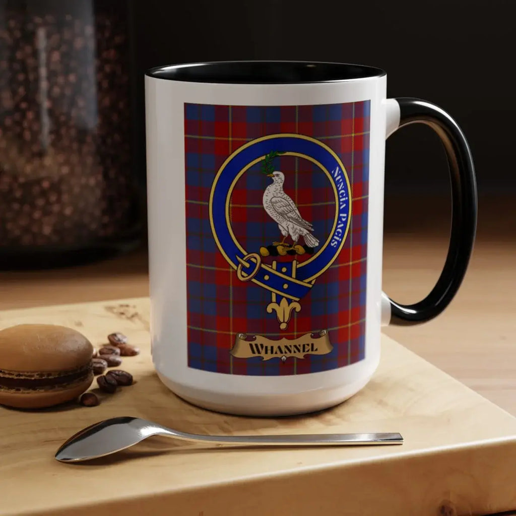 Close-up of the Whannel clan crest printed on a ceramic mug