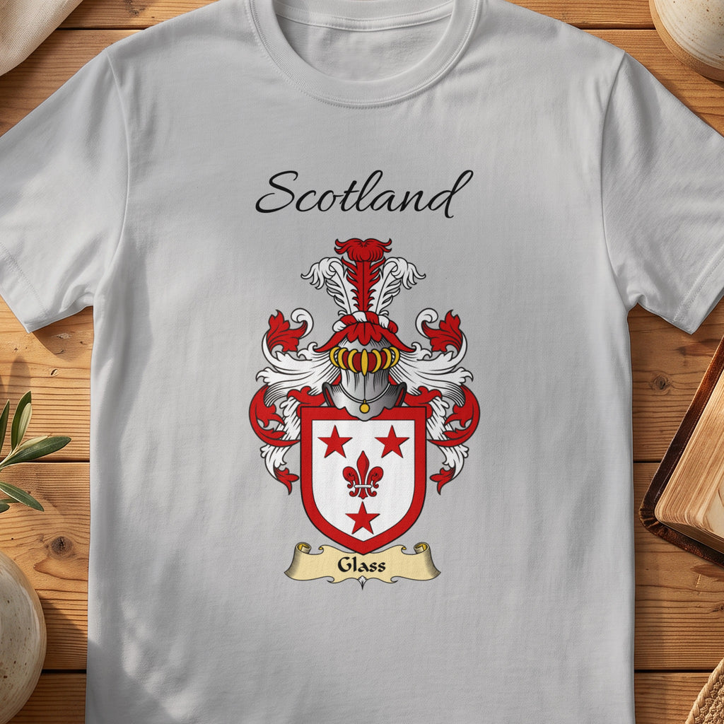 Sport Grey Glass Scottish family shield T-shirt featuring red stars and a fleur-de-lis on white