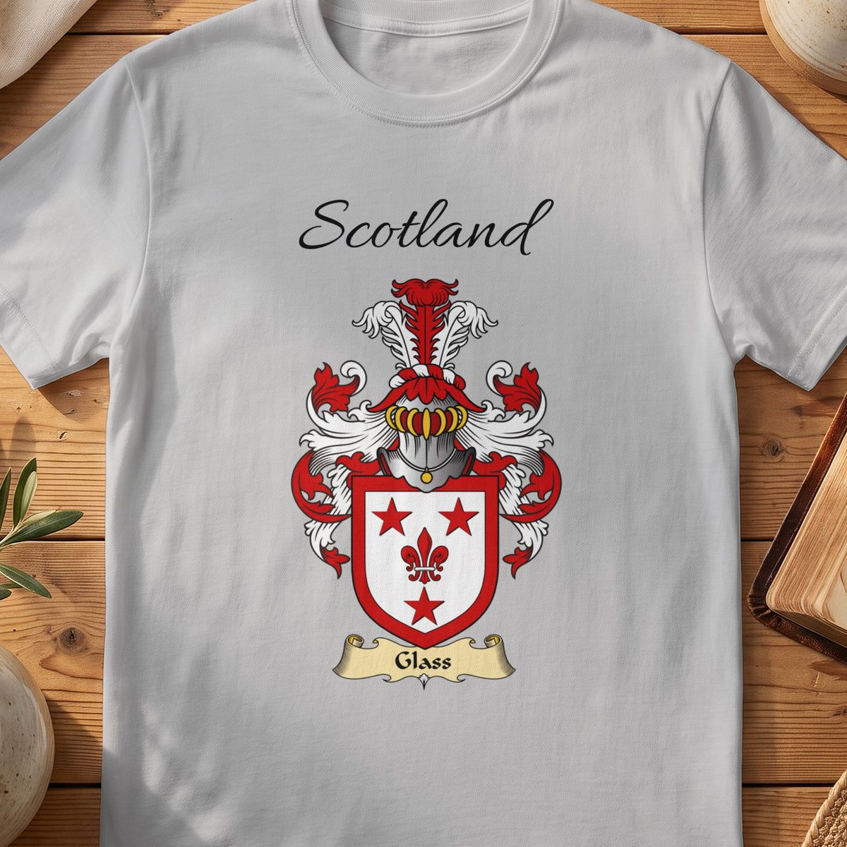Sport Grey Glass Scottish family shield T-shirt featuring red stars and a fleur-de-lis on white