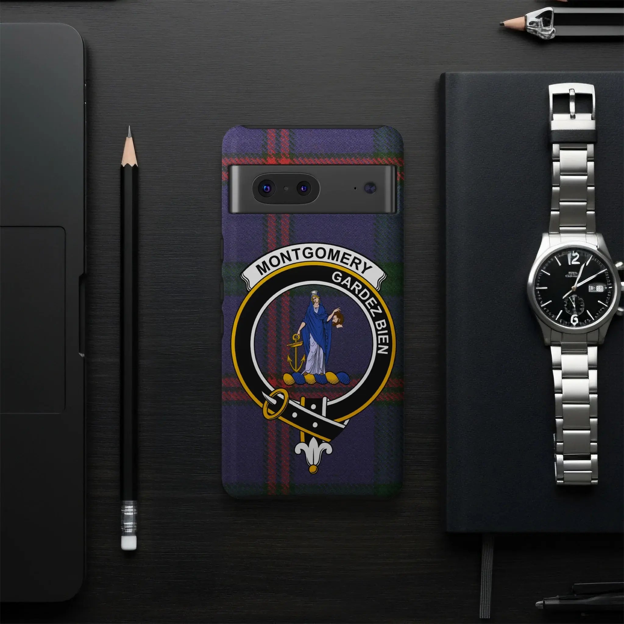 Montgomery Gardez Bien tartan phone case — glossy impact-resistant clan crest cover