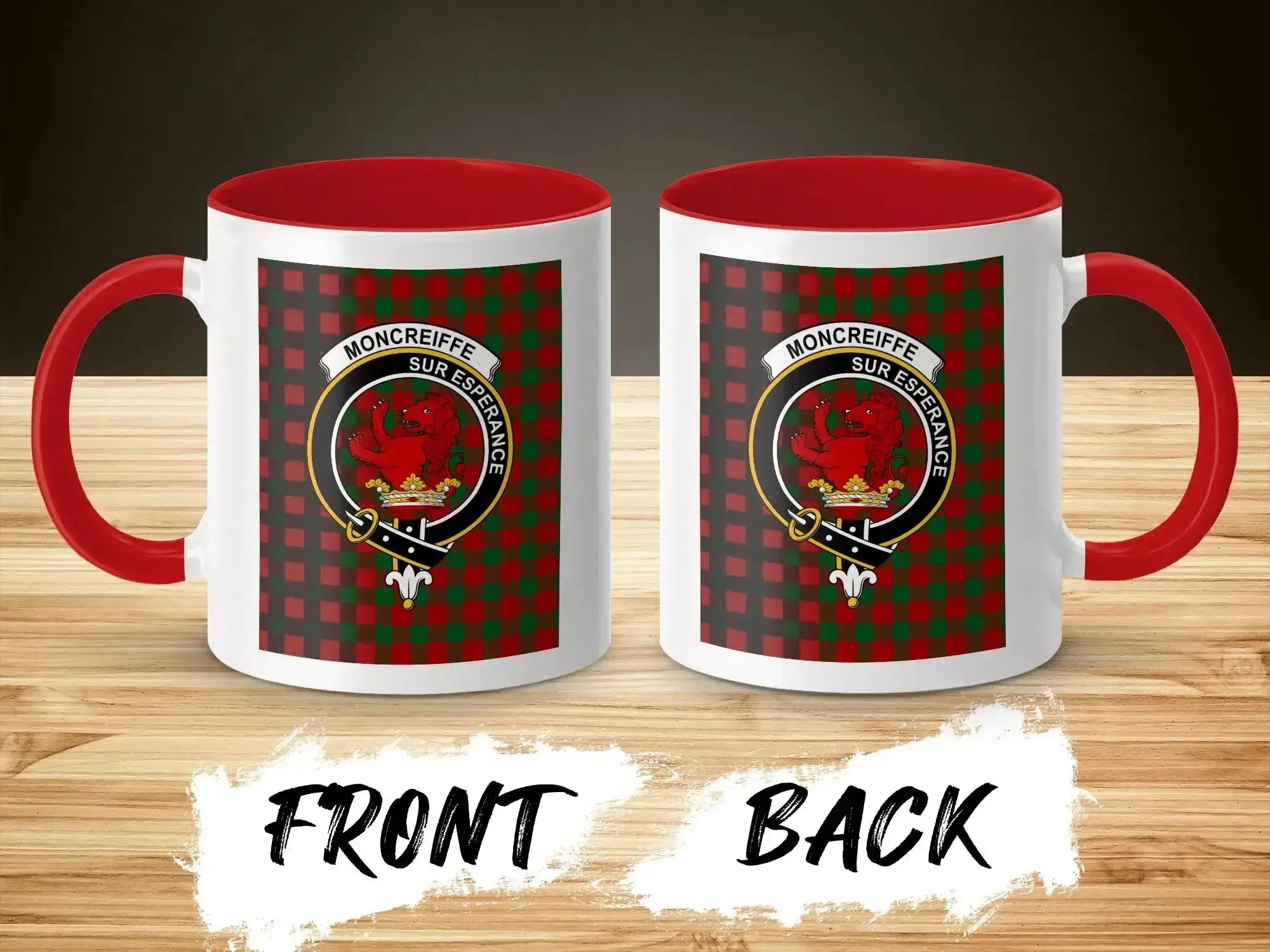 Moncreiffe Sur Esperance crest mug shown front and back — glossy ceramic with clan tartan