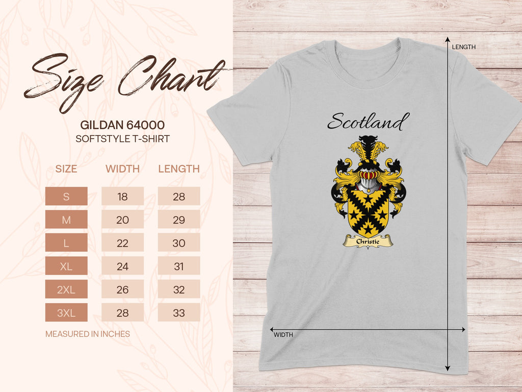 Gildan 64000 size chart for the Christie unisex T-shirt, sizes S to 3XL