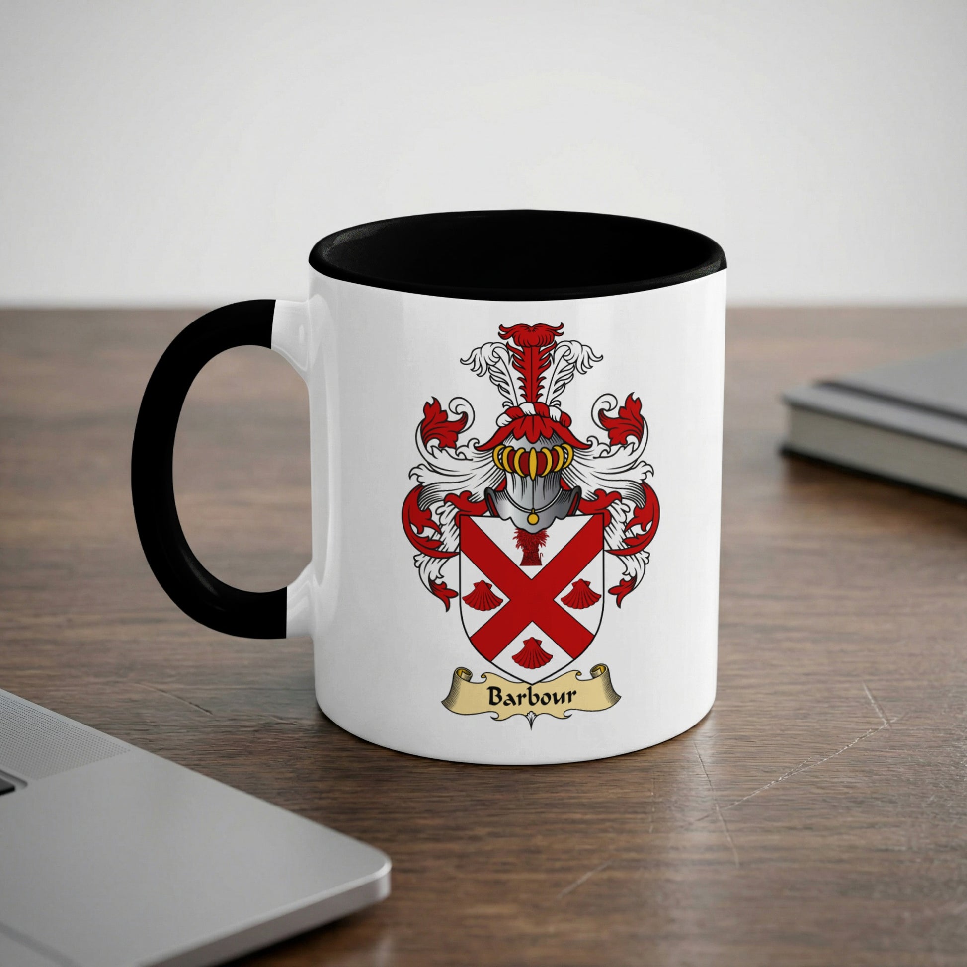 White mug with black rim, displaying a red and white coat of arms with the name "Barbour".