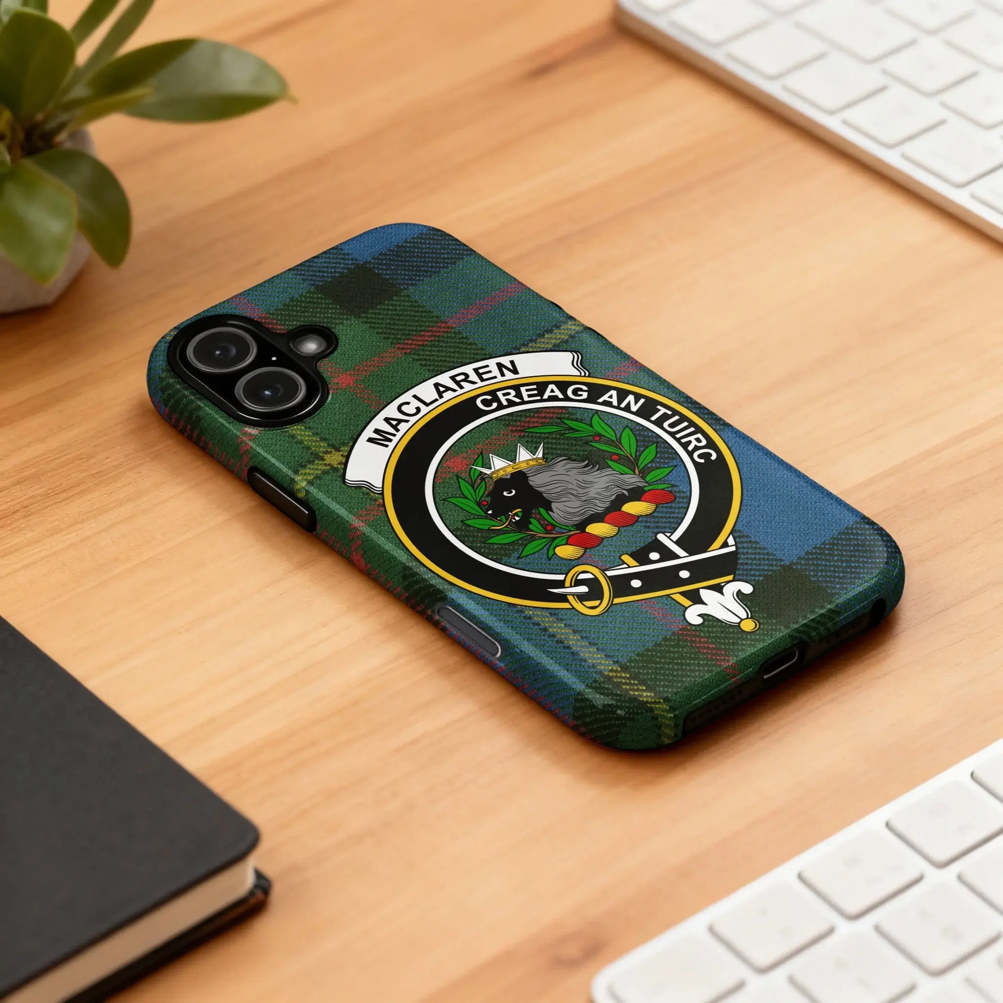 MacLaren tartan crest case on Samsung Galaxy — edge-to-edge plaid wrap with clan crest design
