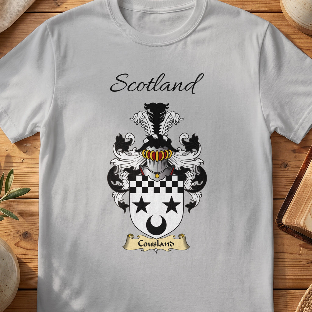 Sport Grey Cousland Scottish family shield T-shirt featuring black stars and crescent below a checked top band
