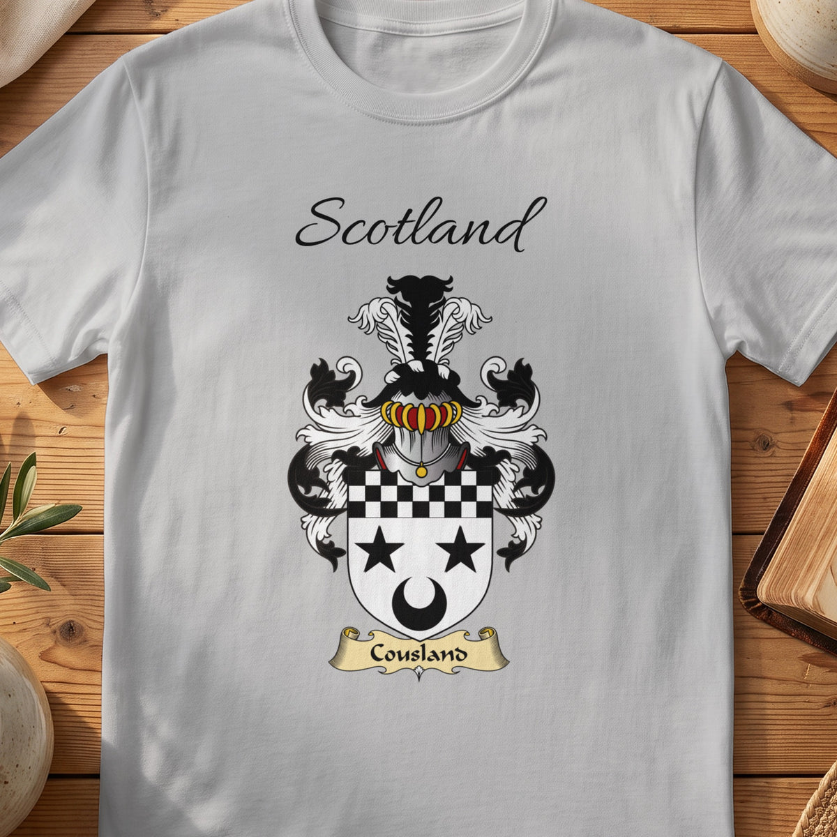 Sport Grey Cousland Scottish family shield T-shirt featuring black stars and crescent below a checked top band