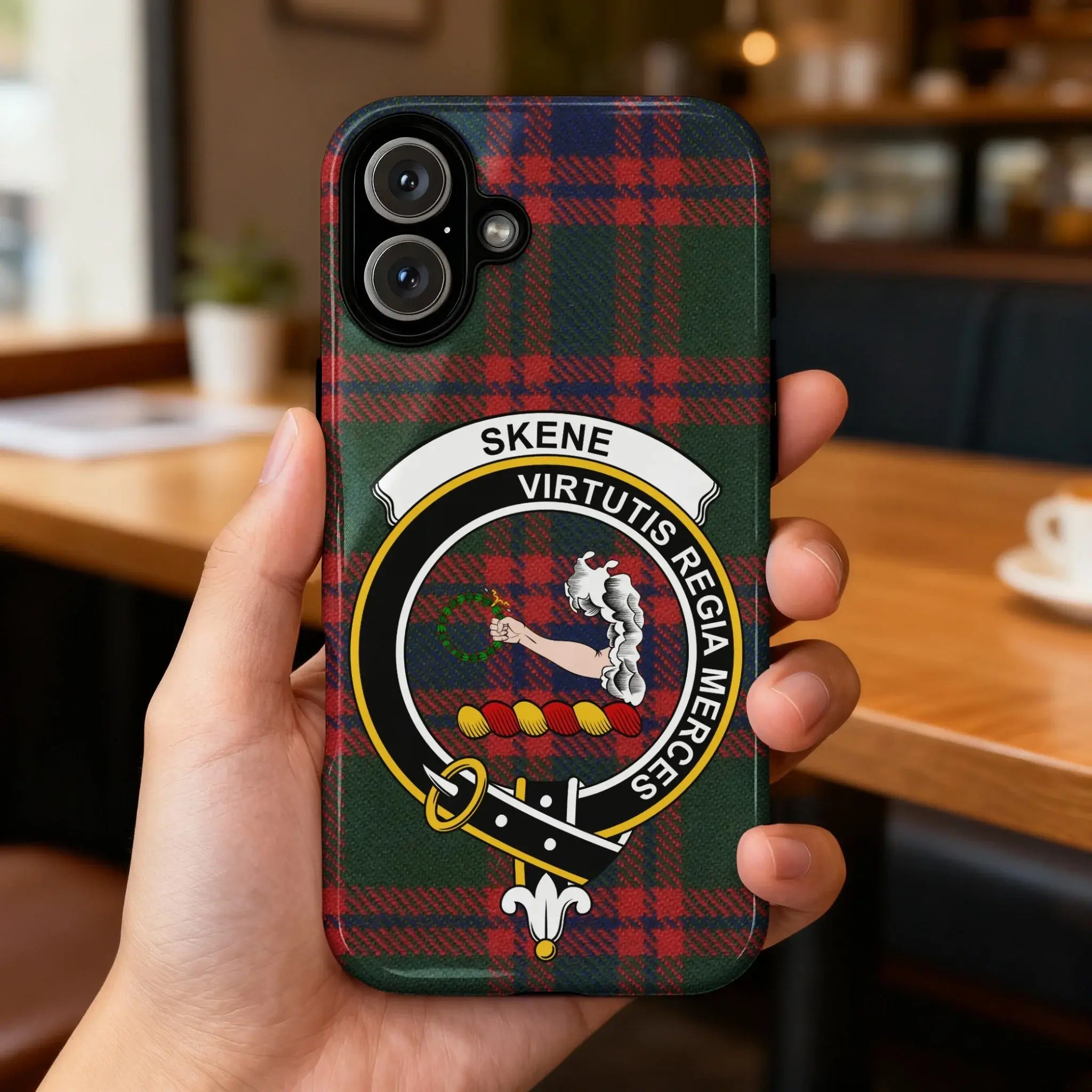 Clan Skene tartan iPhone case — clan crest and plaid design on glossy surface