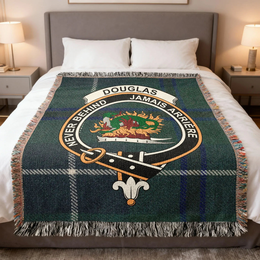 Douglas clan tartan woven blanket — 100% cotton with Jamais Arriere Never Behind clan crest design