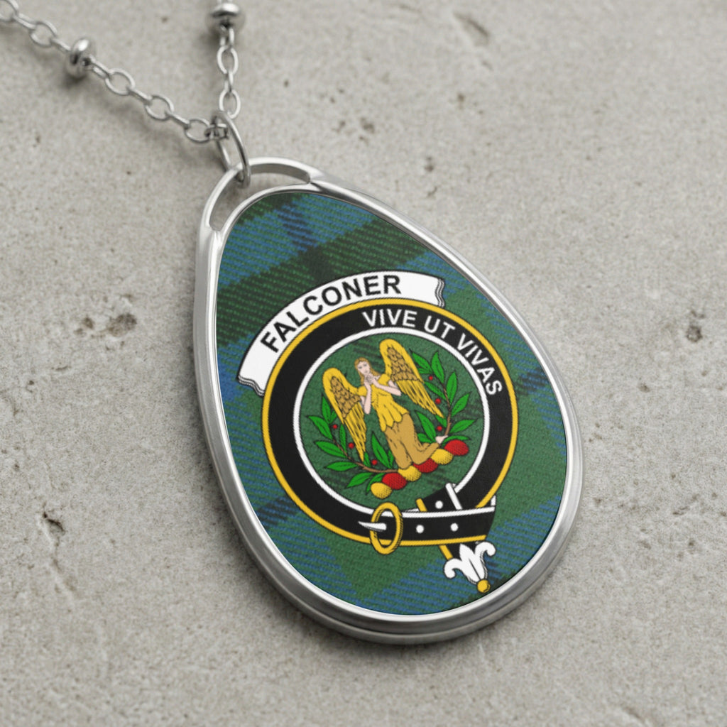 Falconer clan Scottish tartan necklace with clan crest and Vive Ut Vivas motto on tartan background