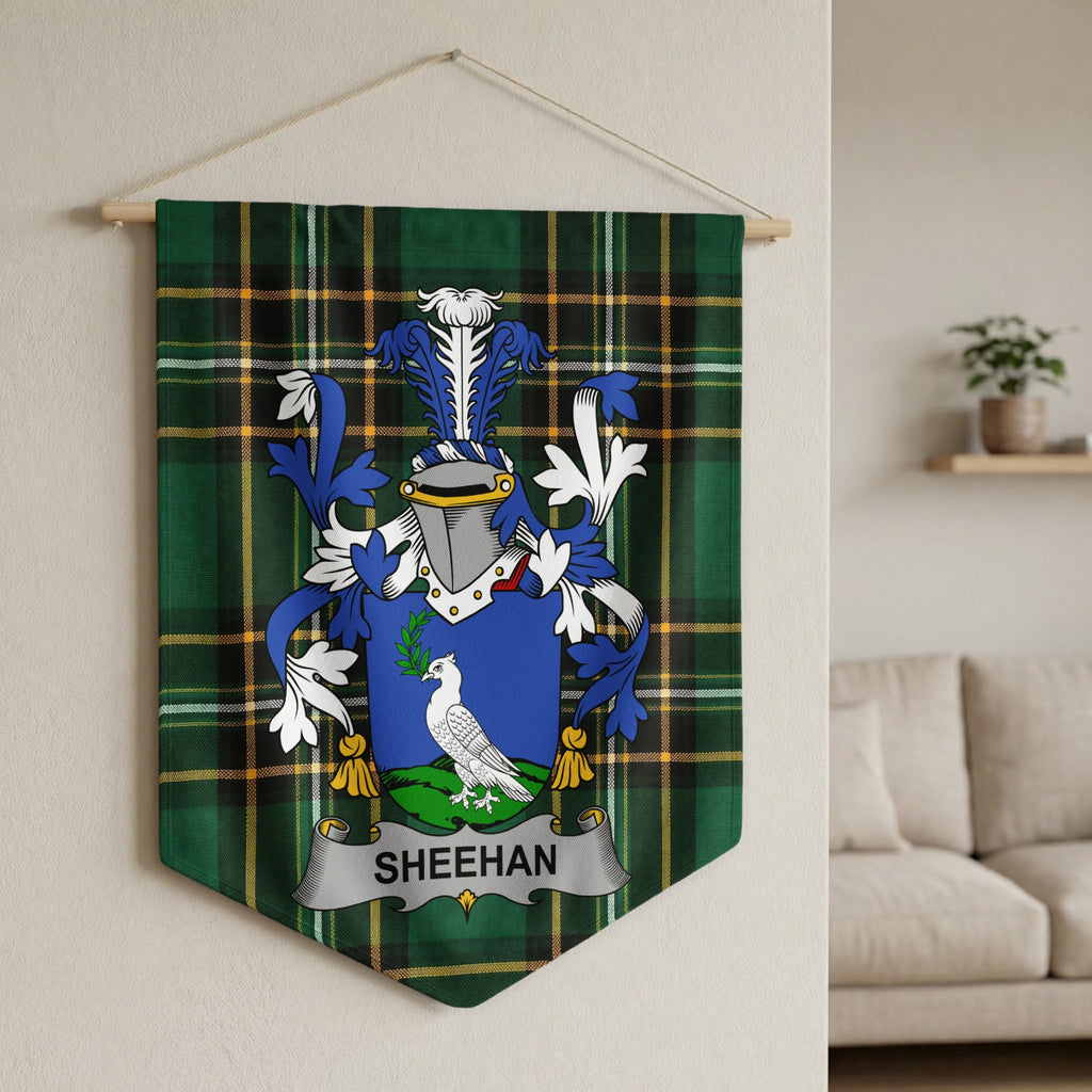 Sheehan family crest wall pennant on the Irish National Tartan, hanging from a wooden rod