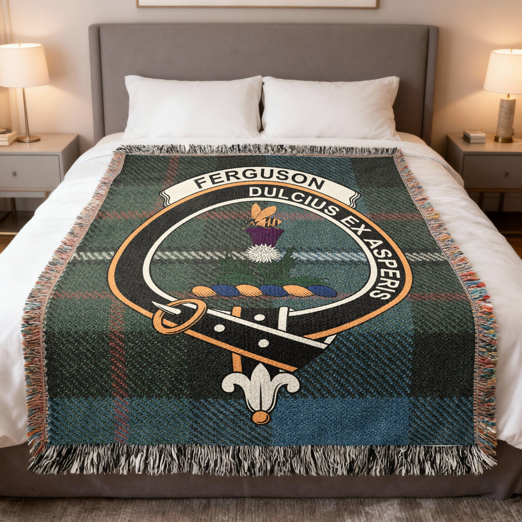 Ferguson clan crest tartan woven blanket with Dulcius Ex Asperis motto