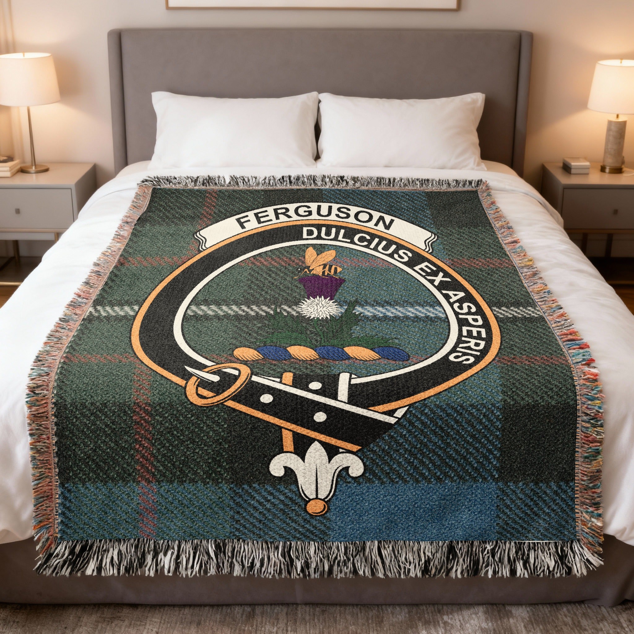 Ferguson clan crest tartan woven blanket with Dulcius Ex Asperis motto