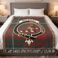 Clan MacAulay woven tartan blanket — cotton weave with fringe edging and Dulce Periculum crest, 52x37 inch
