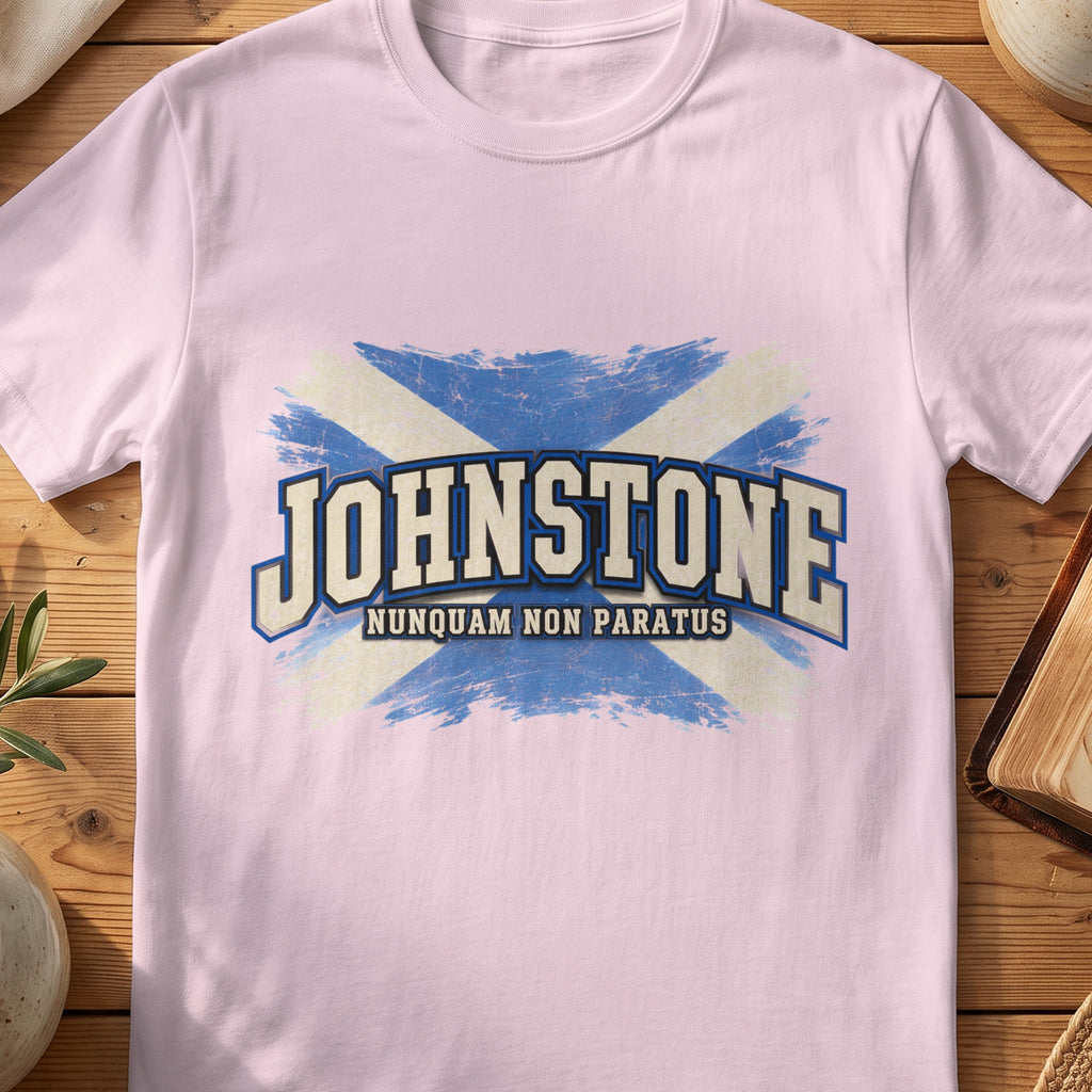 Johnstone Scottish Saltire T-shirt in Light Pink, with distressed blue and cream flag and “Nunquam Non Paratus” lettering.