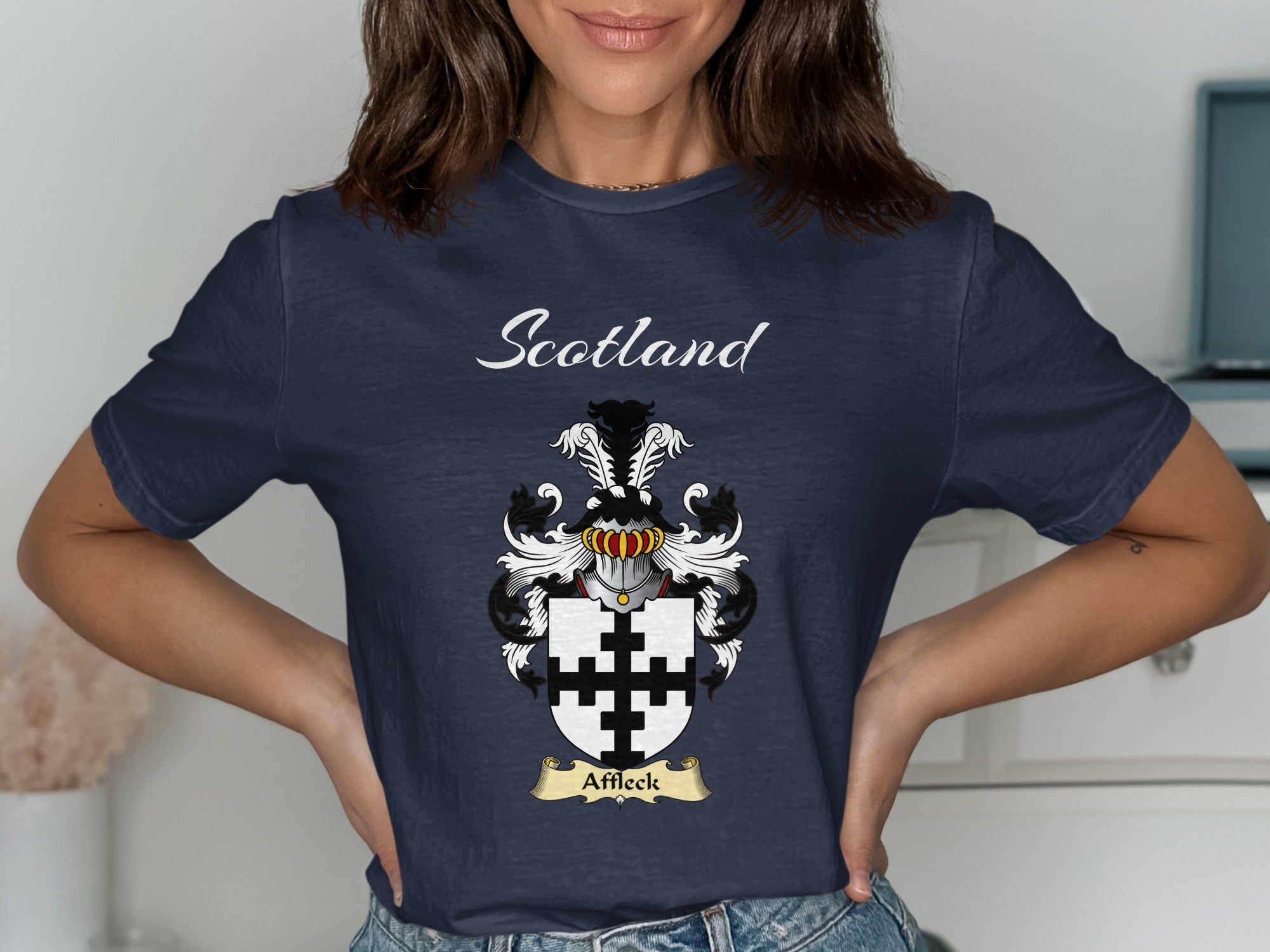 Affleck Scottish family shield design on Navy T-shirt