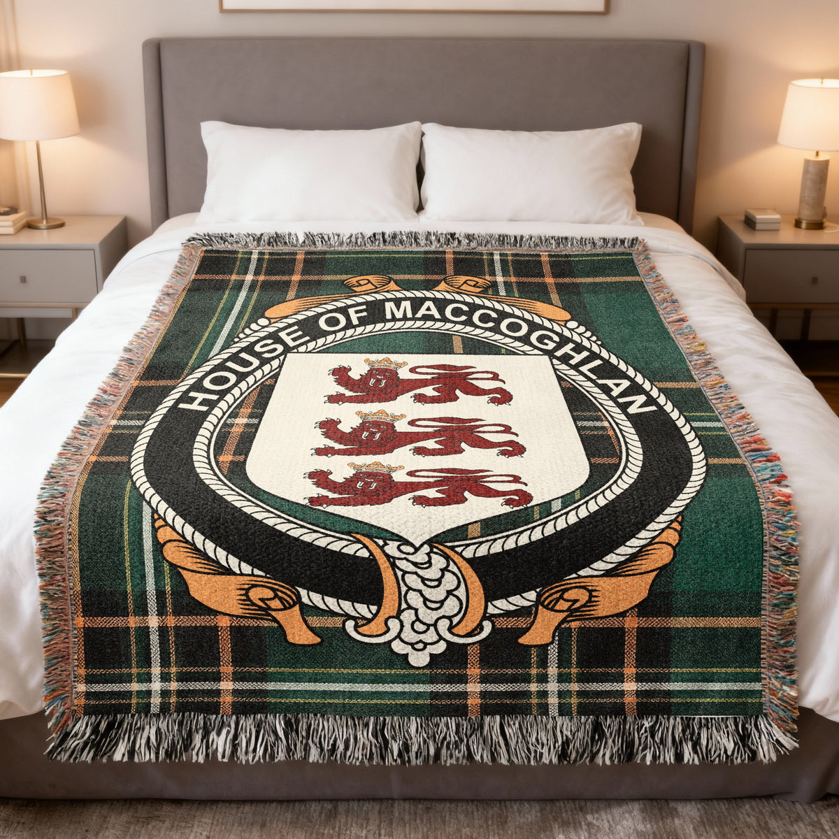 MacCoghlan Irish National Tartan woven blanket with family crest emblem