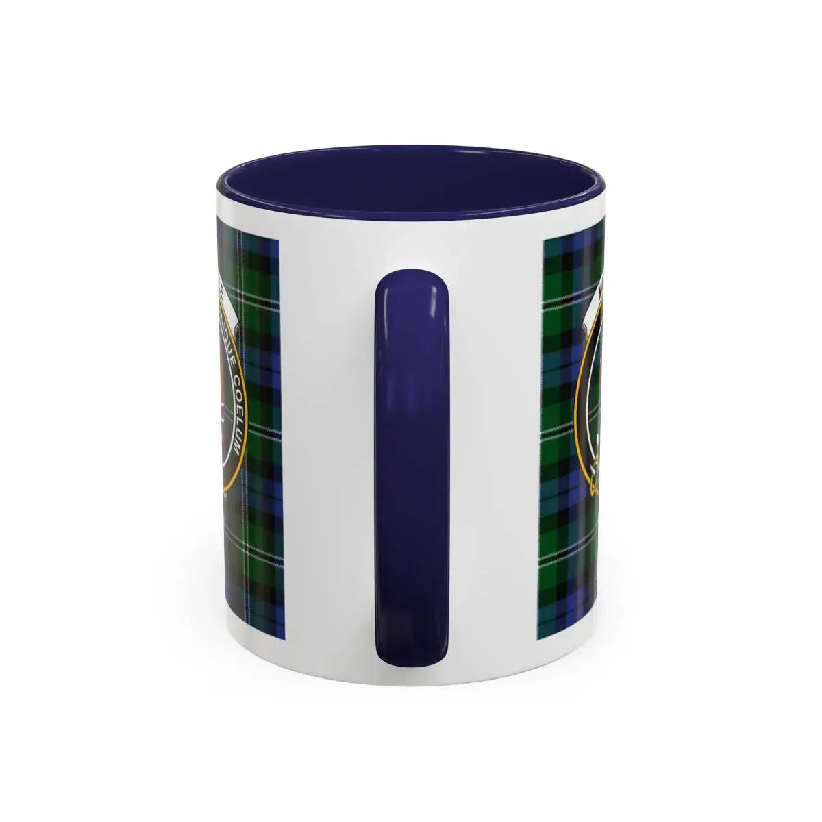 Melville tartan accent mug with navy handle — 15 oz ceramic Scottish clan crest drinkware