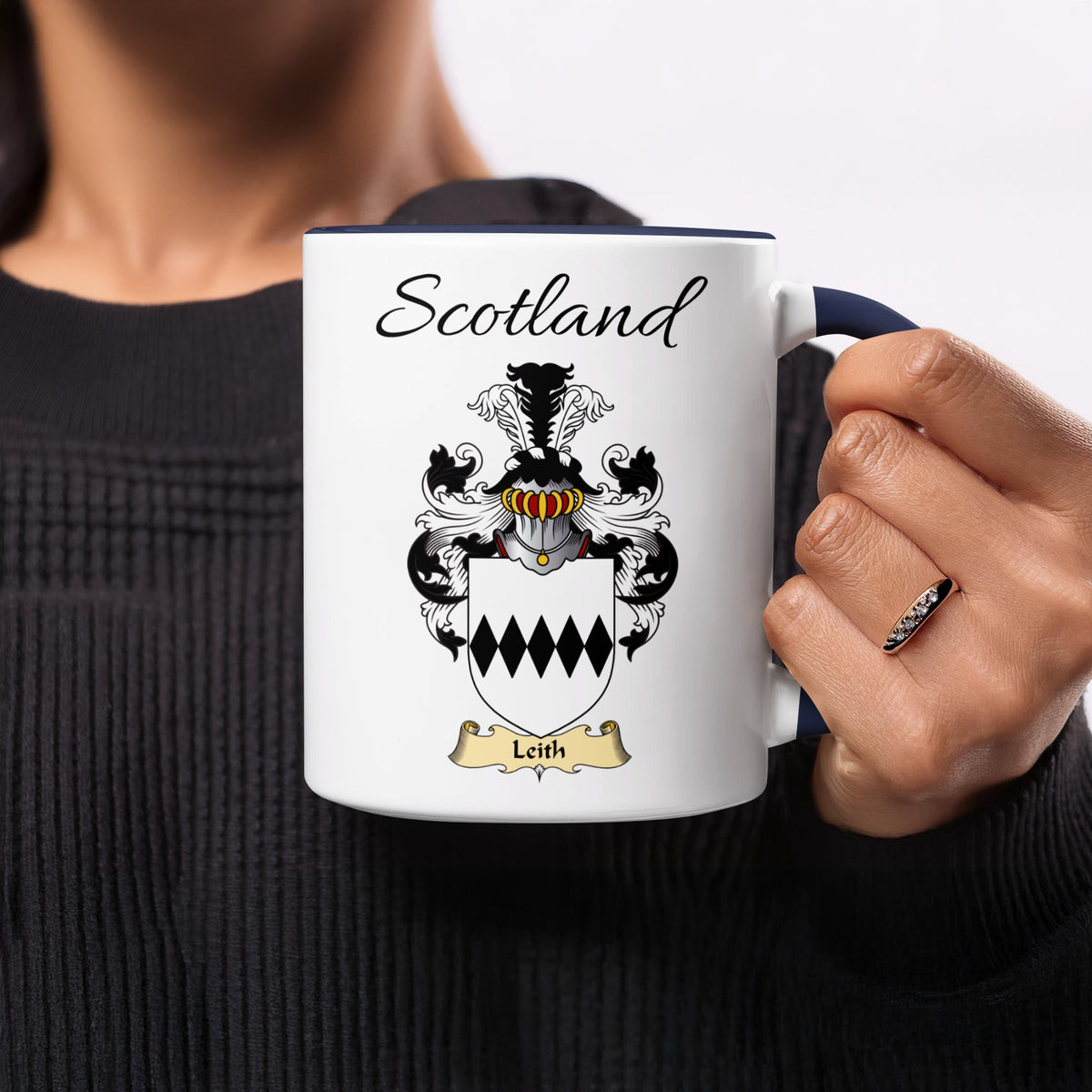 Leith 11 oz Scottish family crest ceramic mug showing a Scotland-topped heraldic emblem