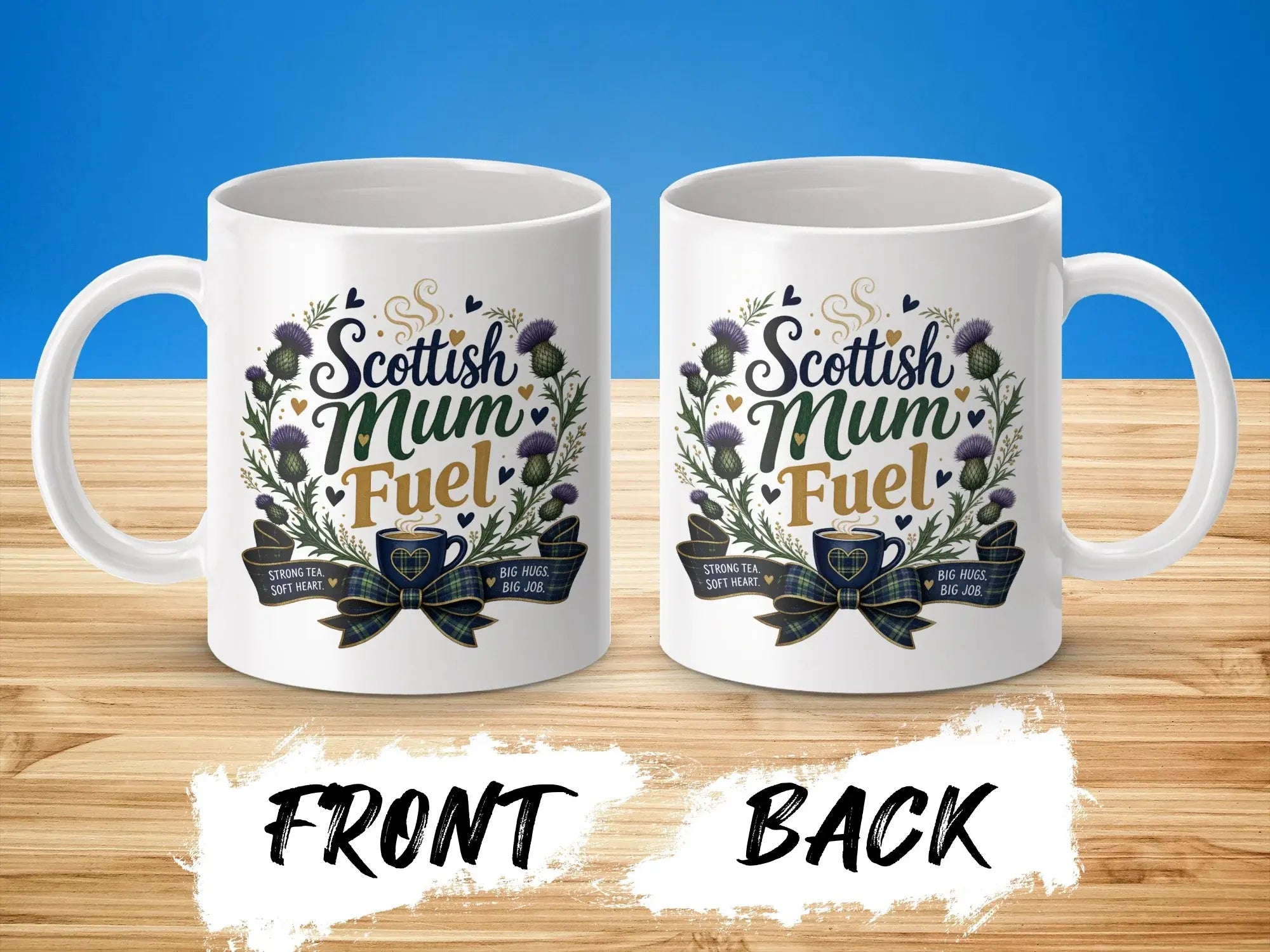 Two white mugs with "Scottish Mum Fuel" and Celtic knotwork on wooden surface.