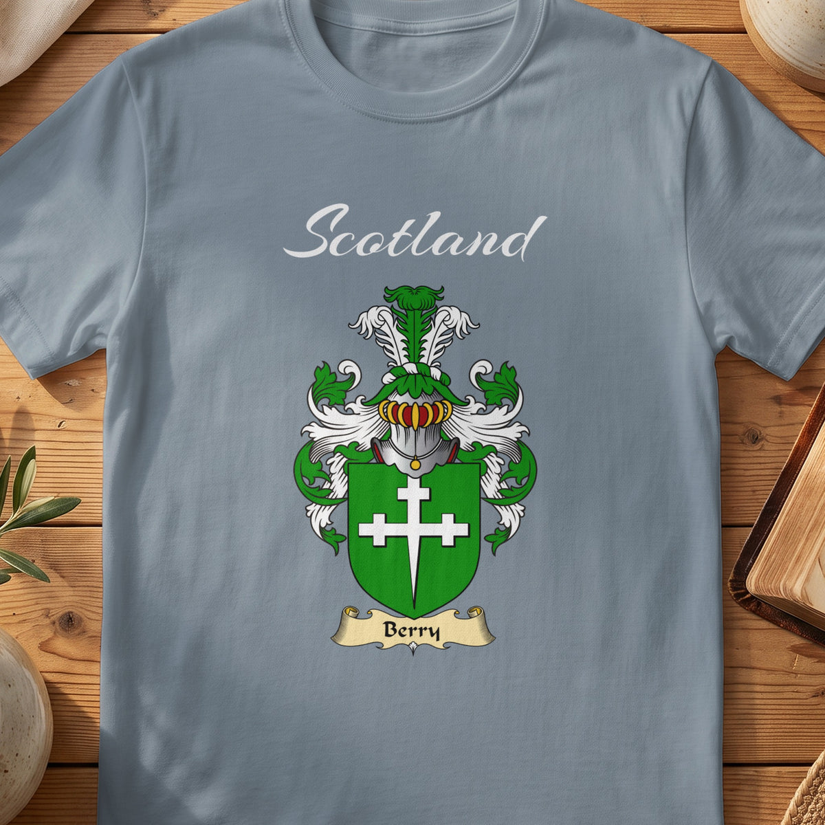 Berry Scottish family shield T-shirt in Stone Blue