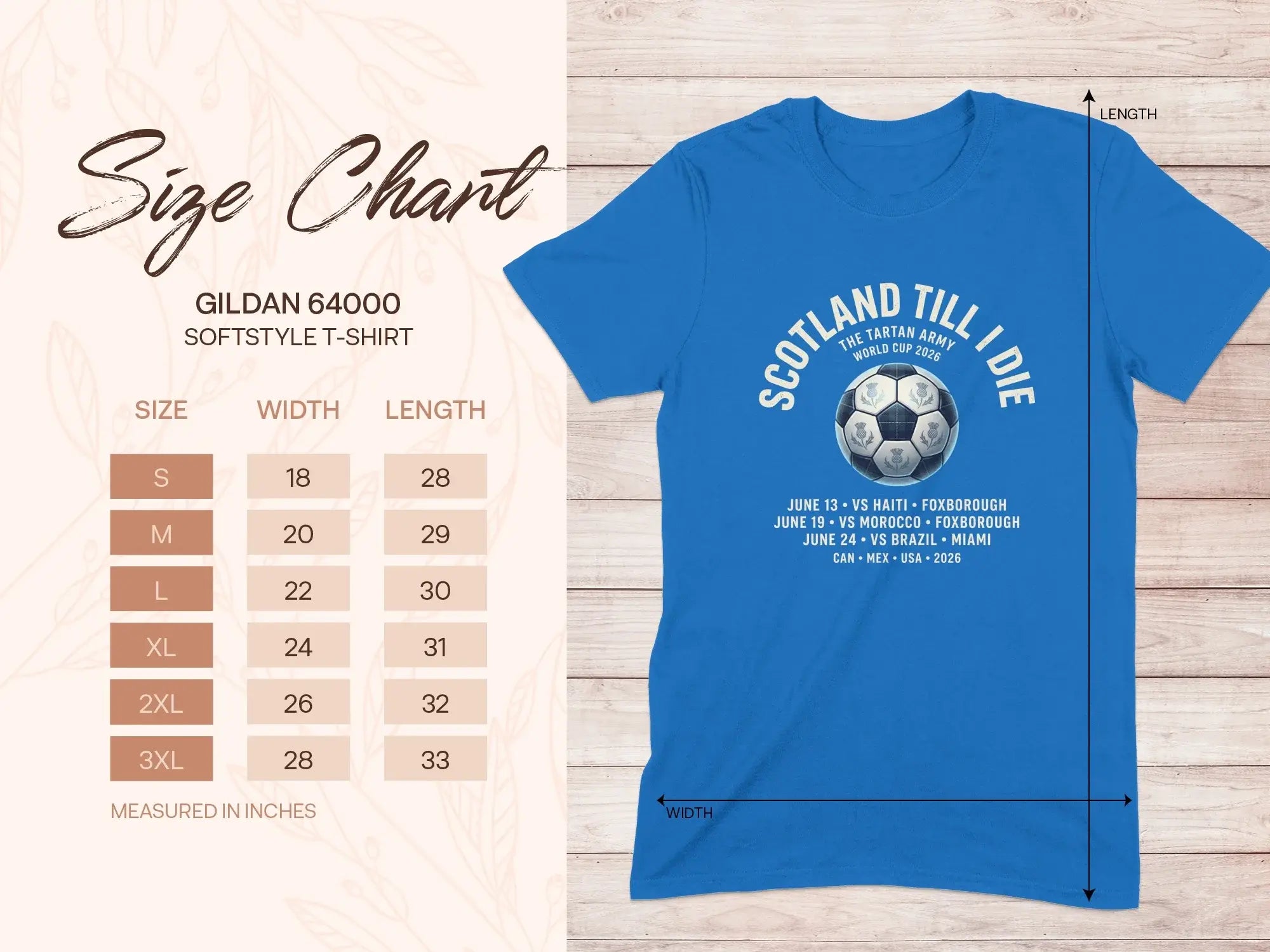 Size chart for Gildan 64000 softstyle t-shirt with tournament schedule.