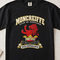 Moncreiffe Scottish clan T-shirt in Black, front view with a red lion above a golden crown and motto banner.