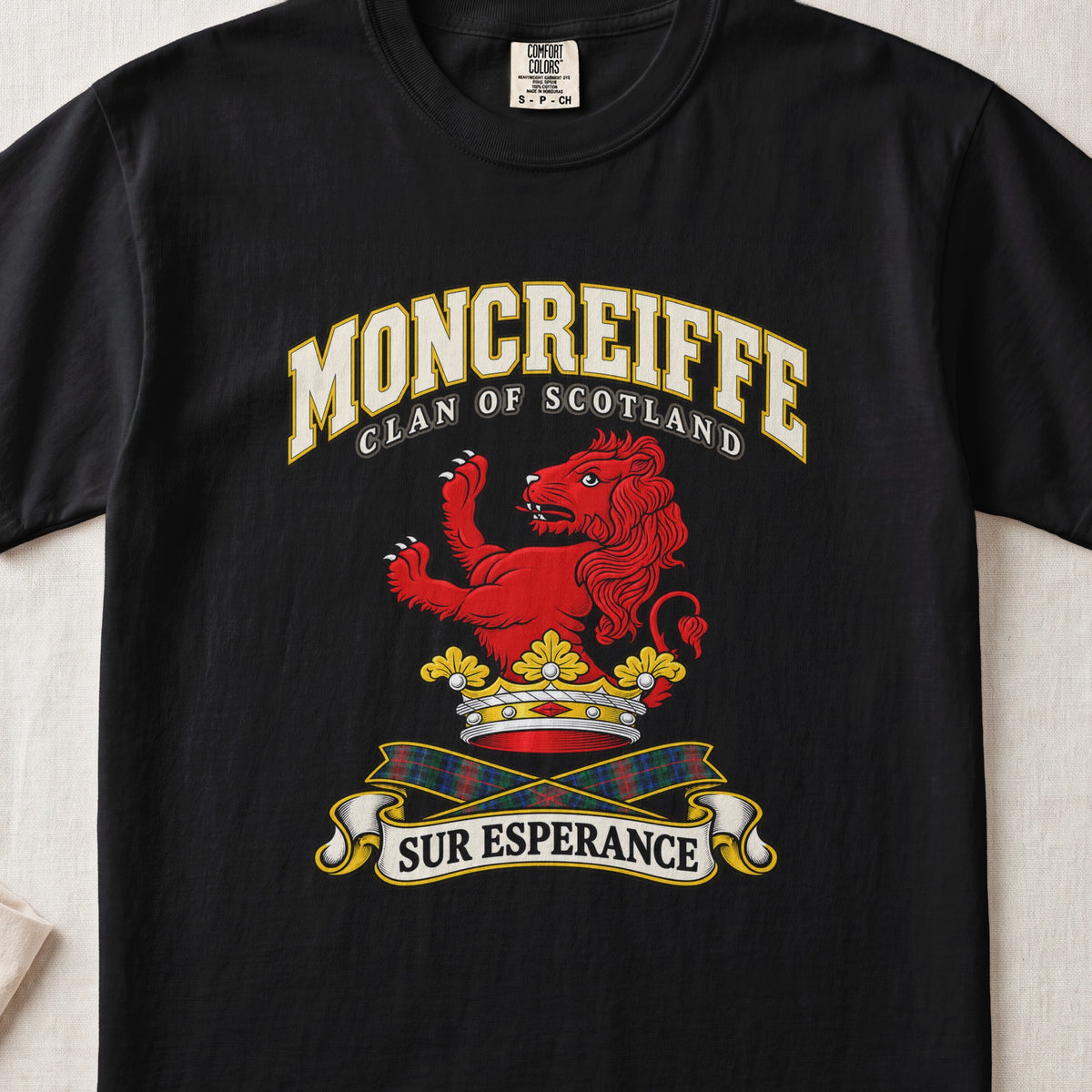 Moncreiffe Scottish clan T-shirt in Black, front view with a red lion above a golden crown and motto banner.