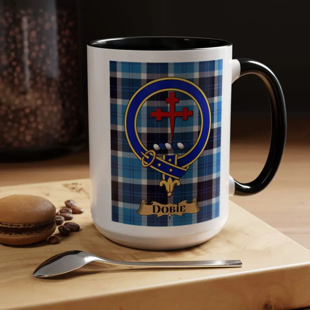 Close-up of the Dobie clan crest printed on a ceramic mug