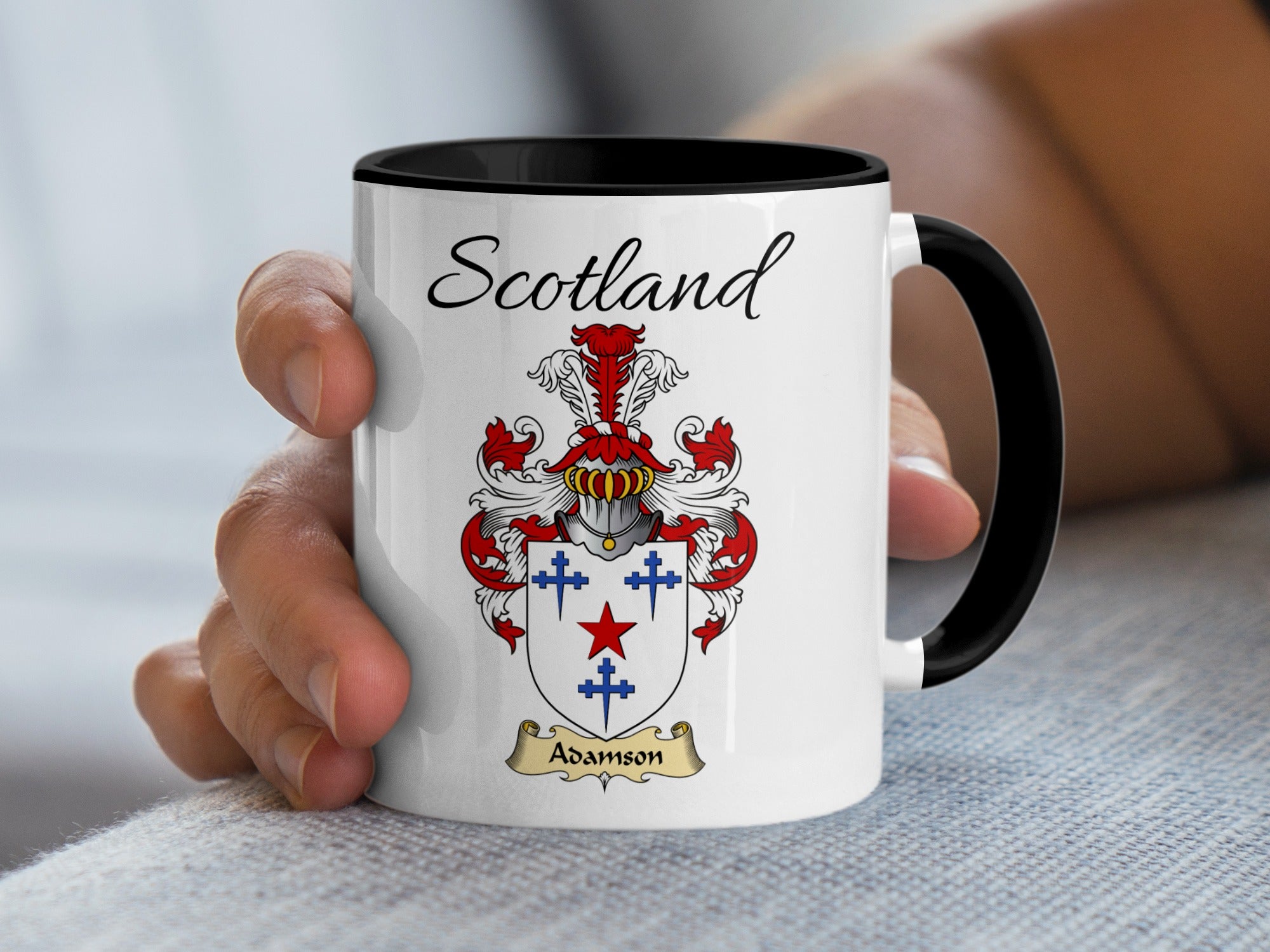 Adamson Scottish family crest accent mug with Scotland above the coat of arms design