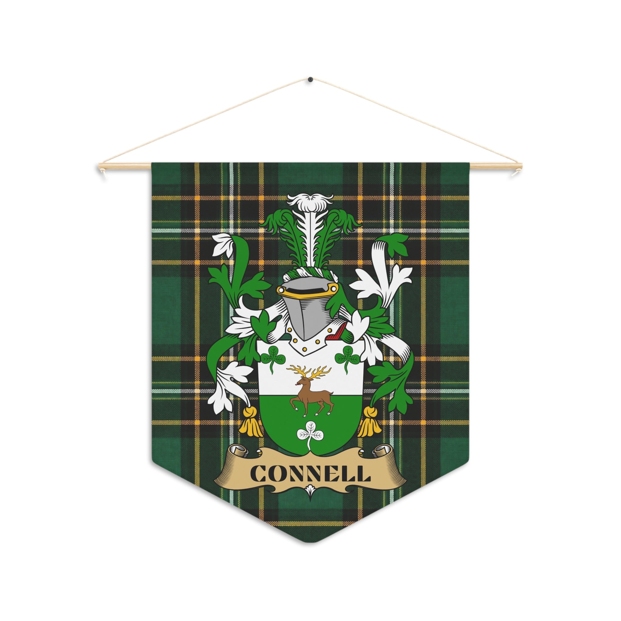 Tartan pennant with Connell family crest and name banner.