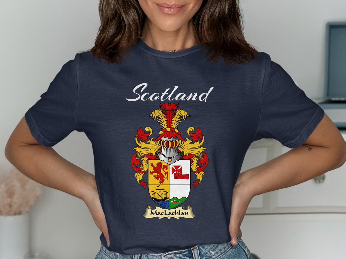 Model wearing a navy MacLachlan T-shirt featuring a quartered shield with a lion and sailing ship