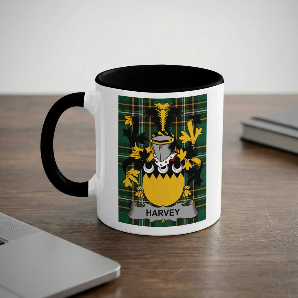 White mug with black rim displaying the Harvey family crest on a checkered background.