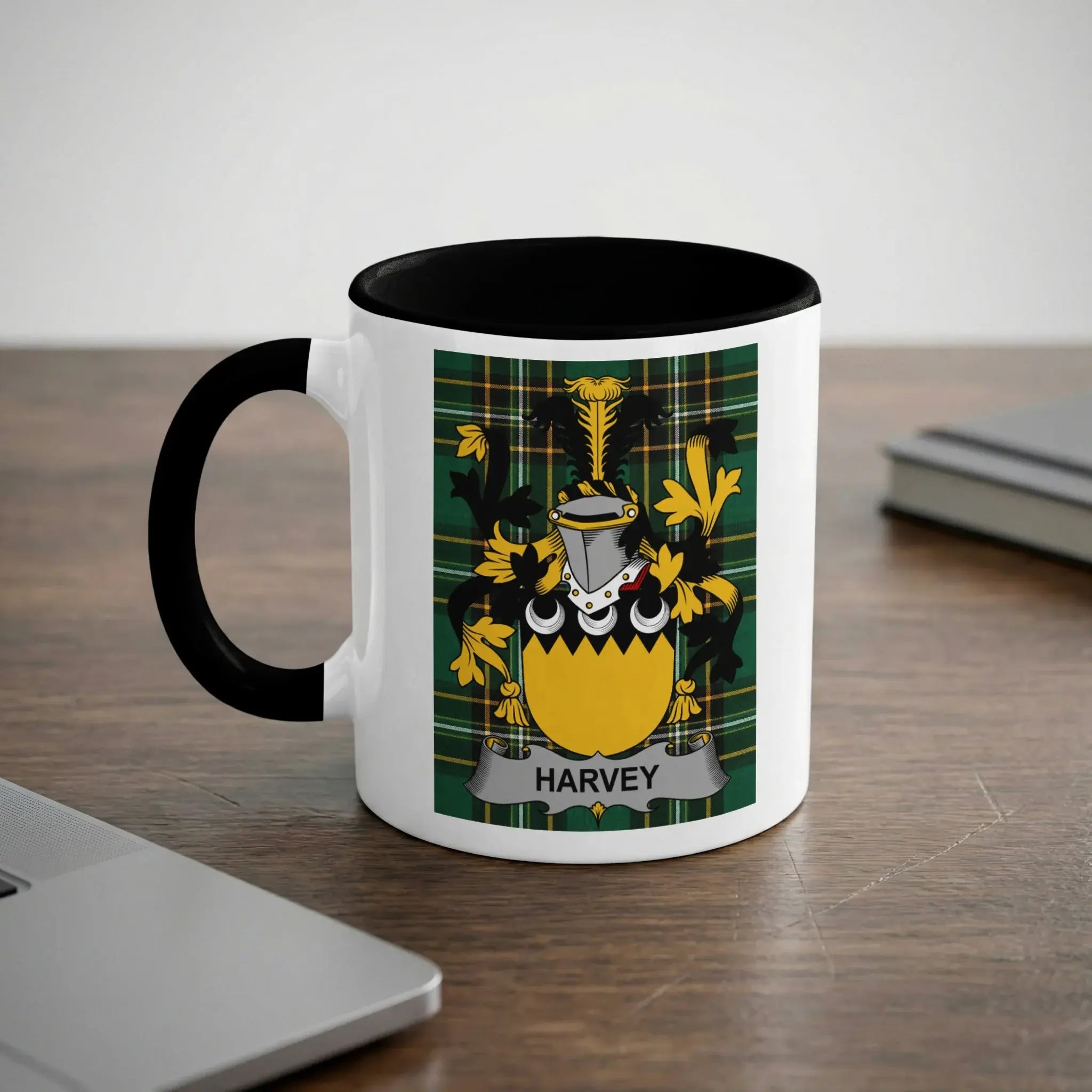 White mug with black rim displaying the Harvey family crest on a checkered background.