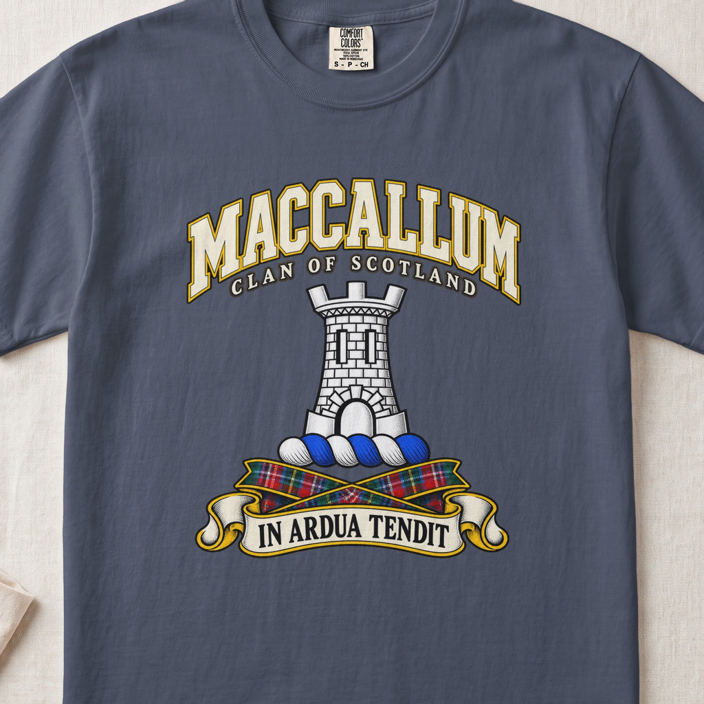 MacCallum Scottish clan T-shirt in Midnight, front view with a silver stone tower and motto design.