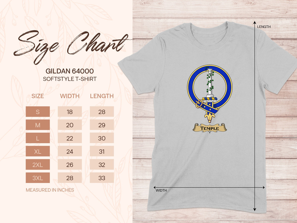 Gildan 64000 size chart for Temple Scottish clan crest T-shirt