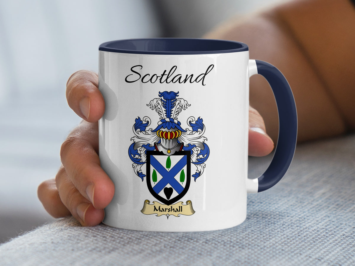 White Marshall family emblem mug with navy handle and interior, Scotland text and double-sided artwork