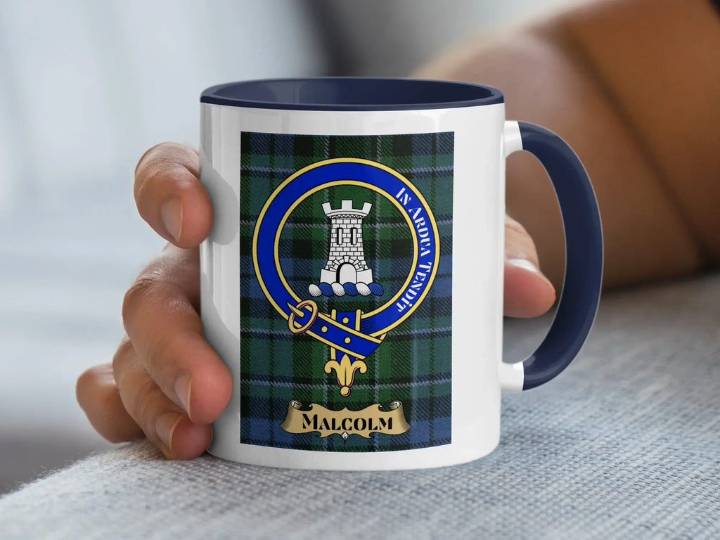 Malcolm clan crest mug with navy handle — 15oz ceramic with tartan and In Ardua Tendit motto