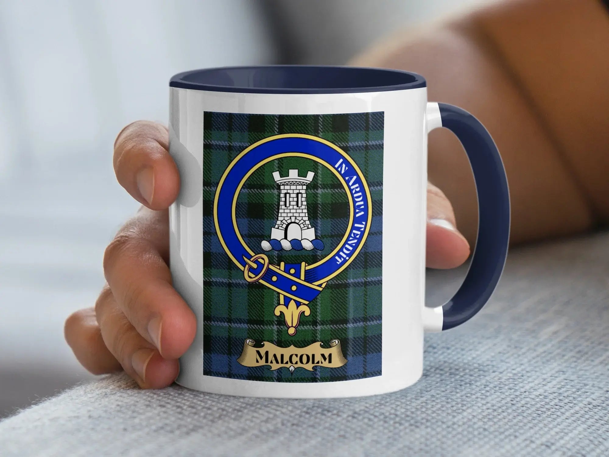 Malcolm clan crest mug with navy handle — 15oz ceramic with tartan and In Ardua Tendit motto
